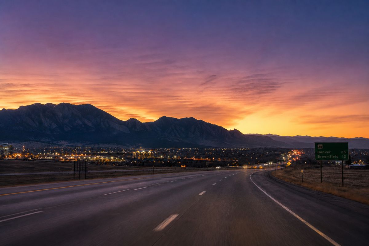 Early morning departure from Boulder heading east toward Denver