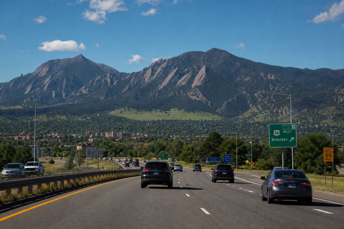 US-36 highway approaching Boulder with Flatirons in background