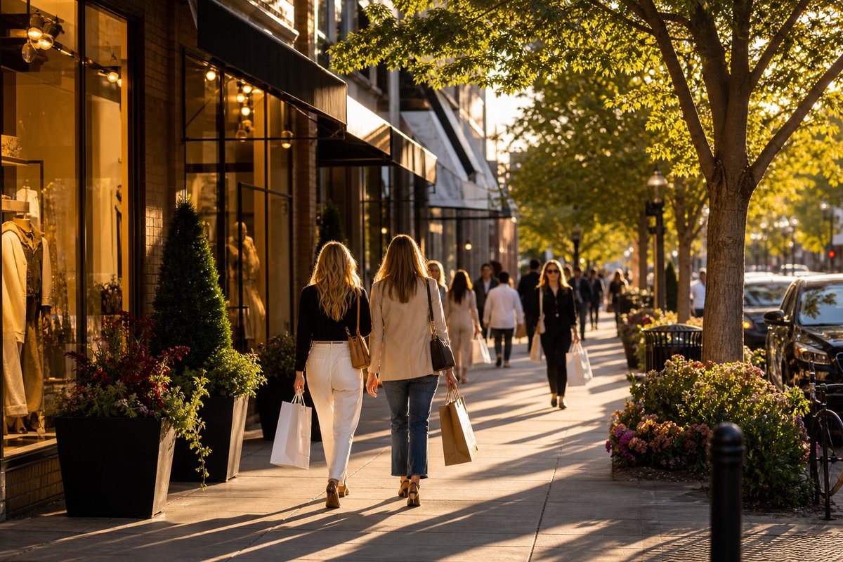 Cherry Creek North shopping district in Denver with tree-lined streets and boutique storefronts