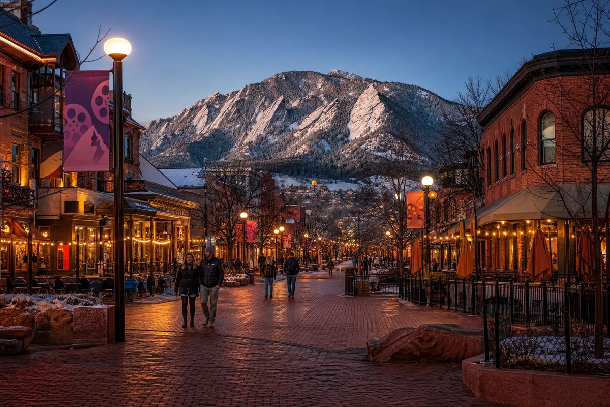 Pearl Street in Boulder during film festival season — Flatirons in the background, brick walkway lit by warm streetlights